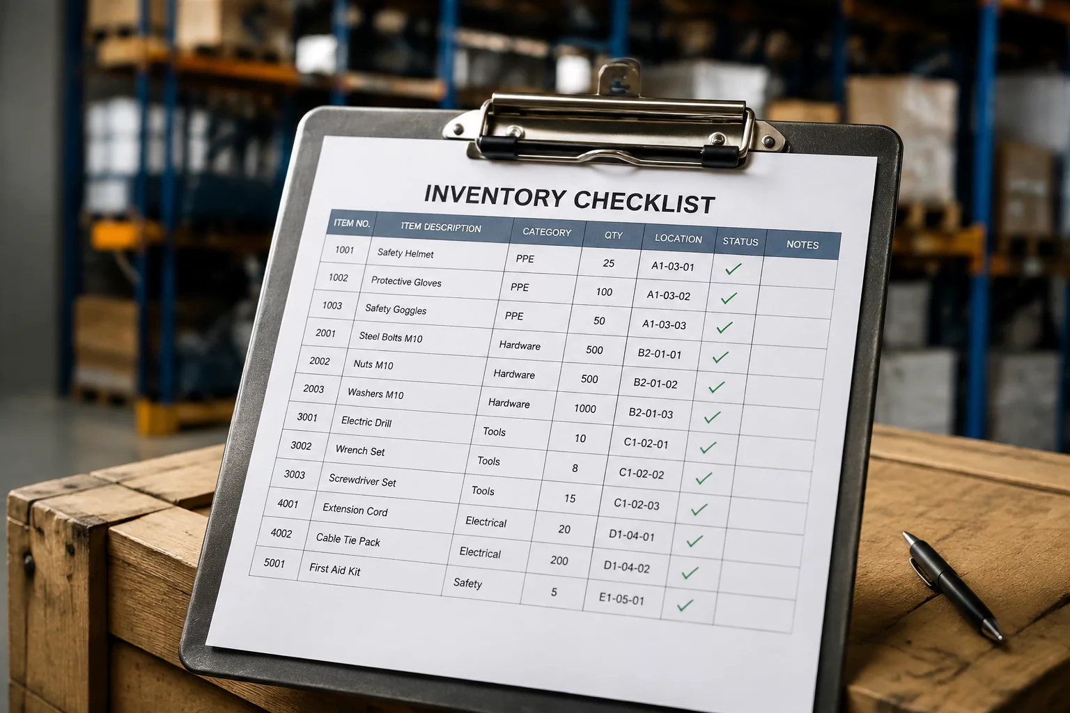 Industrial clipboard with item criticality scoring matrix in an active manufacturing facility