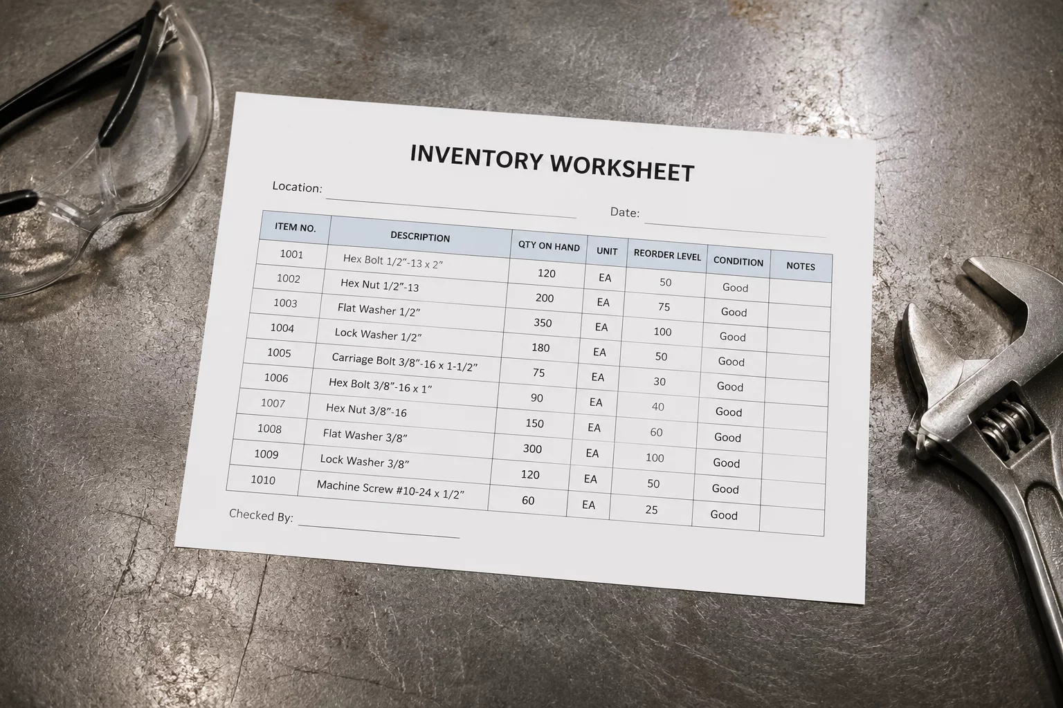 Point-of-Use Stock Worksheet technical sheet